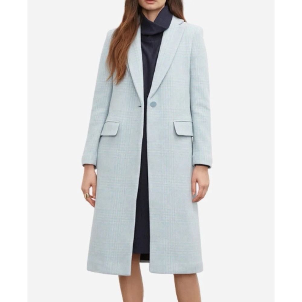 Club Monaco Blue Plaid Wool Blend One Button Trench Coat Size Small